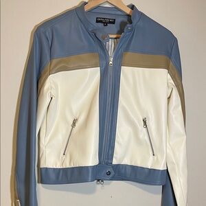 Central Park West Blue tan and Cream Women's Jacket-M faux leather